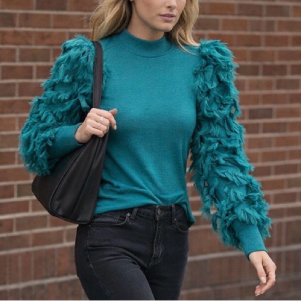 4X SHEIN Teal Blouse with Statement Feathery Sleeves